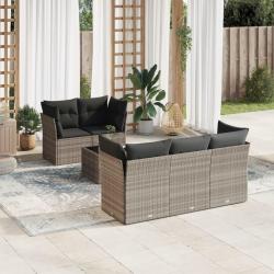 Salon de jardin 6 pcs avec coussins gris clair r&eacute;sine tress&eacute;e