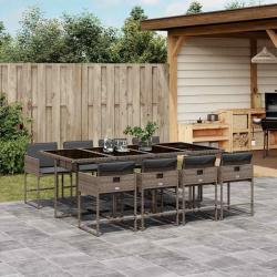 Ensemble &agrave; manger de jardin 9 pcs coussins gris r&eacute;sine tress&eacute;e