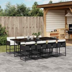 Ensemble &agrave; manger de jardin 9pcs coussins noir r&eacute;sine tress&eacute;e