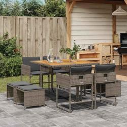 Ensemble &agrave; manger de jardin 9 pcs coussins gris r&eacute;sine tress&eacute;e