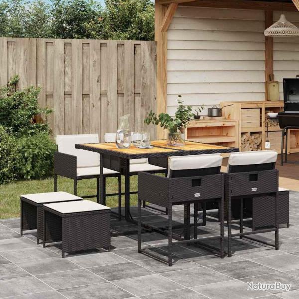 Ensemble � manger de jardin 9pcs coussins noir r�sine tress�e