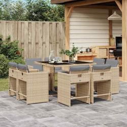 Ensemble &agrave; manger de jardin et coussins 9 pcs m&eacute;lange beige