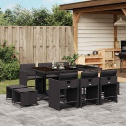 Ensemble &agrave; manger de jardin 11 pcs coussins noir r&eacute;sine tress&eacute;e