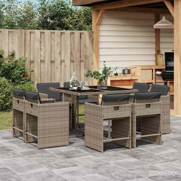 Ensemble � manger de jardin 9 pcs coussins gris r�sine tress�e