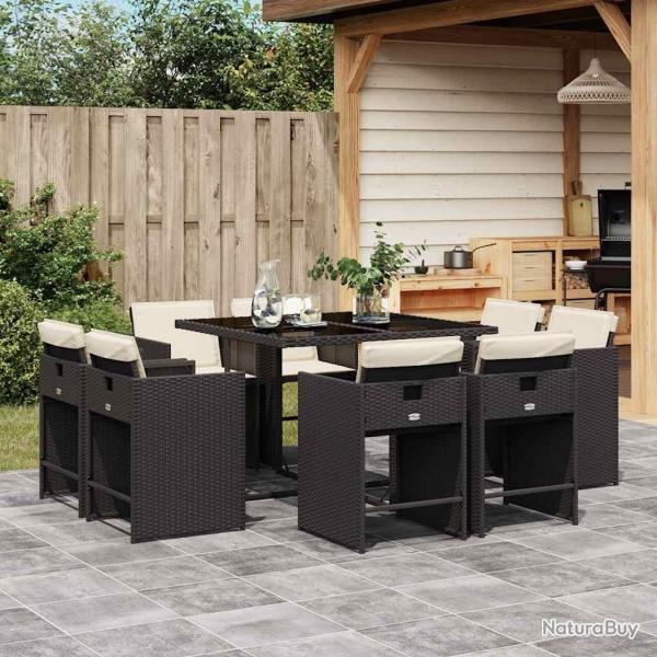 Ensemble � manger de jardin 9pcs coussins noir r�sine tress�e