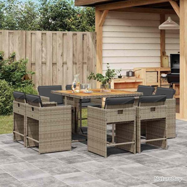 Ensemble � manger de jardin 9 pcs coussins gris r�sine tress�e