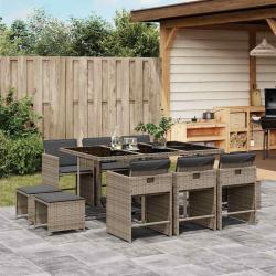 Ensemble &agrave; manger de jardin 11pcs avec coussins gris poly rotin