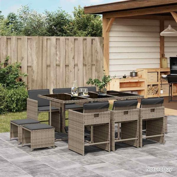 Ensemble � manger de jardin 11pcs avec coussins gris poly rotin