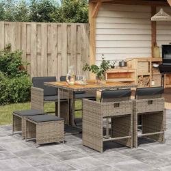 Ensemble &agrave; manger de jardin 9 pcs coussins gris r&eacute;sine tress&eacute;e