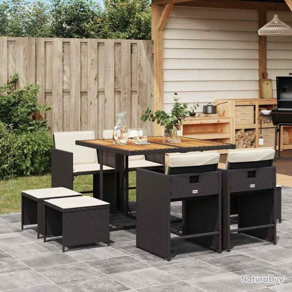 Ensemble � manger de jardin 9pcs coussins noir r�sine tress�e