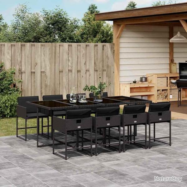 Ensemble � manger de jardin 9pcs coussins noir r�sine tress�e
