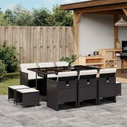 Ensemble &agrave; manger de jardin 11 pcs coussins noir r&eacute;sine tress&eacute;e