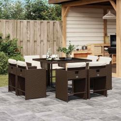 Ensemble &agrave; manger de jardin et coussins 9 pcs marron poly rotin