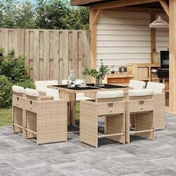 Ensemble &agrave; manger de jardin et coussins 9 pcs beige Poly rotin