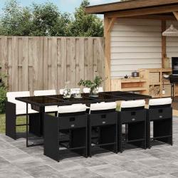 Ensemble &agrave; manger de jardin 9pcs coussins noir r&eacute;sine tress&eacute;e