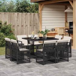 Ensemble &agrave; manger de jardin 9pcs coussins noir r&eacute;sine tress&eacute;e