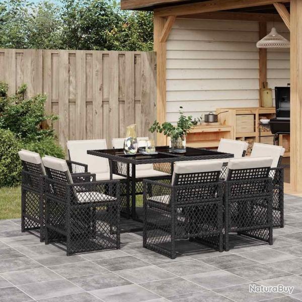 Ensemble � manger de jardin 9pcs coussins noir r�sine tress�e