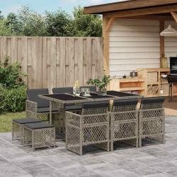 Ensemble &agrave; manger de jardin 11pcs avec coussins gris poly rotin