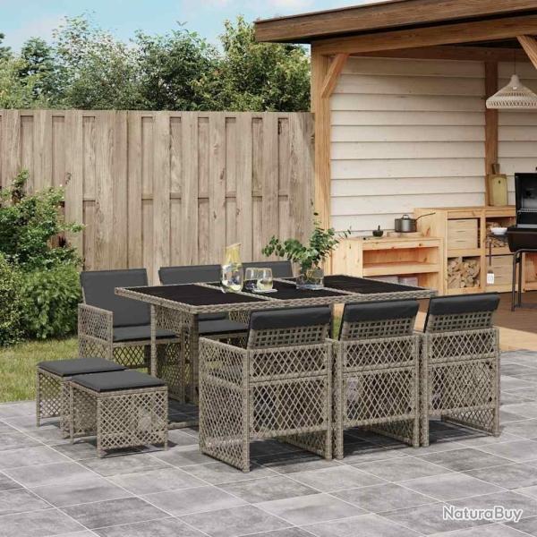 Ensemble � manger de jardin 11pcs avec coussins gris poly rotin