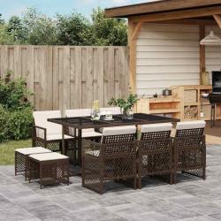 Ensemble &agrave; manger de jardin et coussins 11 pcs marron rotin