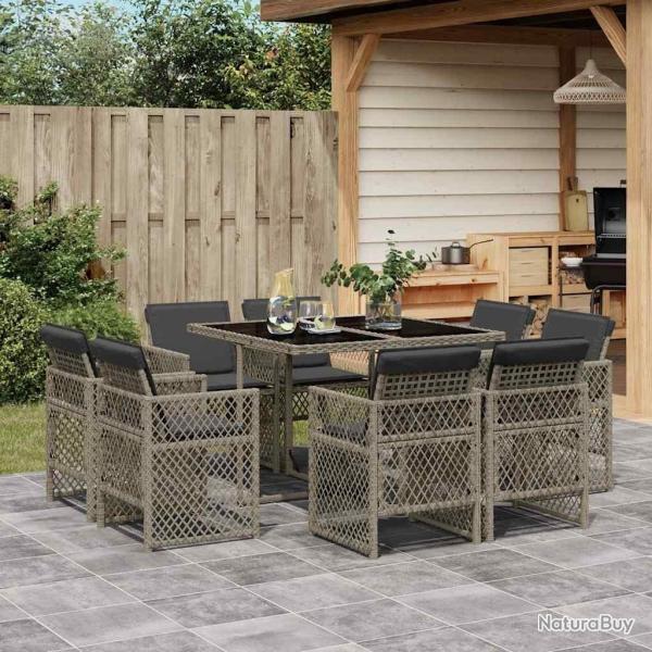 Ensemble � manger de jardin 9 pcs coussins gris r�sine tress�e