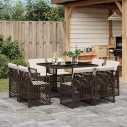 Ensemble &agrave; manger de jardin et coussins 9 pcs marron poly rotin