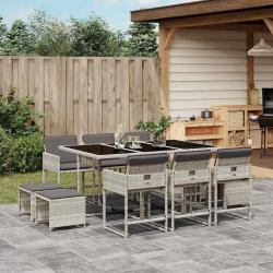 Ensemble &agrave; manger de jardin 11pcs avec coussins gris poly rotin