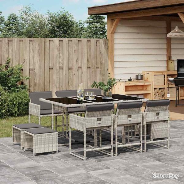 Ensemble � manger de jardin 11pcs avec coussins gris poly rotin