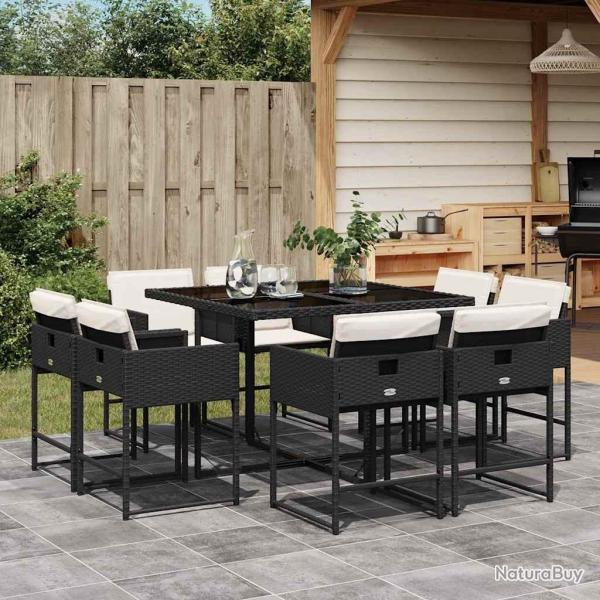 Ensemble � manger de jardin 9pcs coussins noir r�sine tress�e