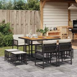 Ensemble &agrave; manger de jardin 9pcs coussins noir r&eacute;sine tress&eacute;e