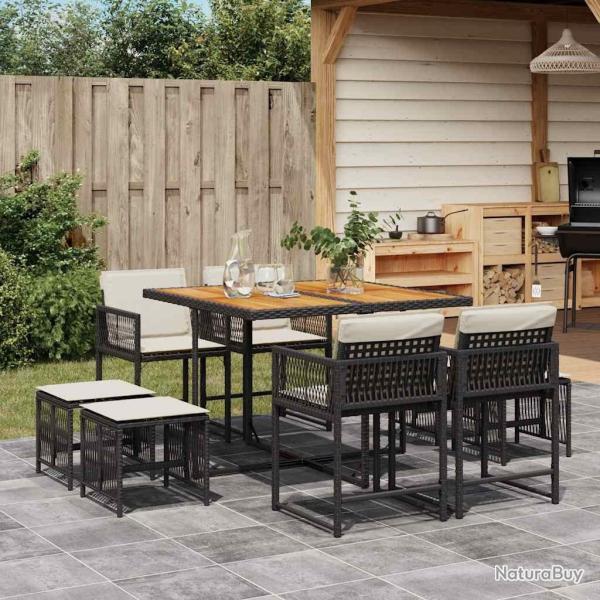 Ensemble � manger de jardin 9pcs coussins noir r�sine tress�e