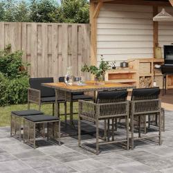 Ensemble &agrave; manger de jardin 9 pcs coussins gris r&eacute;sine tress&eacute;e