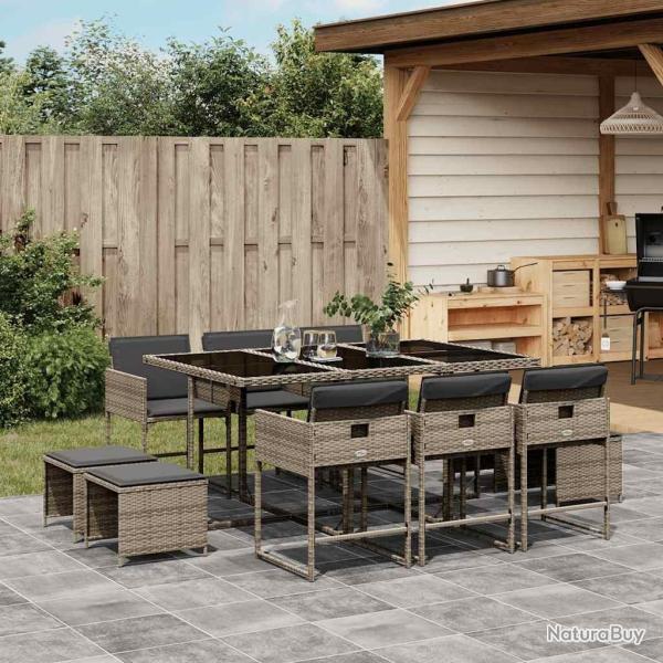 Ensemble � manger de jardin 11pcs avec coussins gris poly rotin