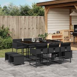 Ensemble &agrave; manger de jardin 11 pcs coussins noir r&eacute;sine tress&eacute;e