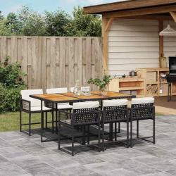 Ensemble &agrave; manger de jardin coussins 7pcs Noir R&eacute;sine tress&eacute;e