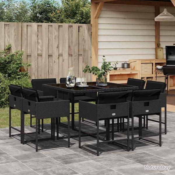 Ensemble � manger de jardin 9pcs coussins noir r�sine tress�e