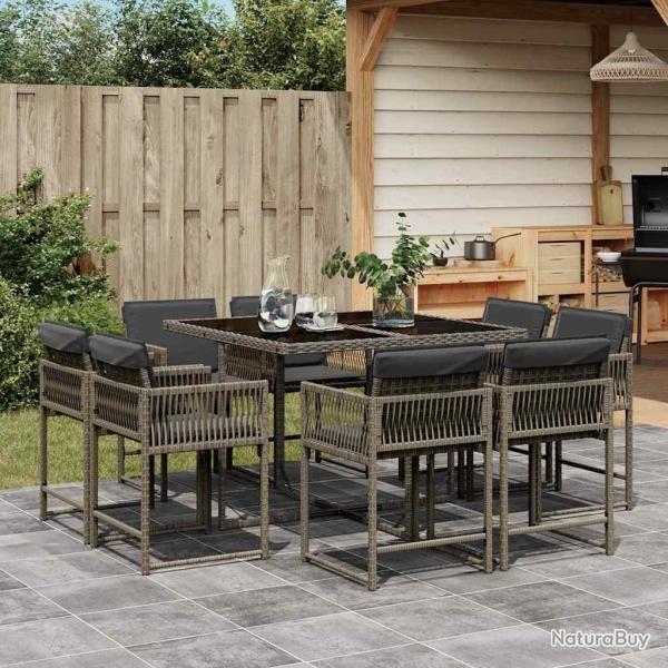 Ensemble � manger de jardin 9 pcs coussins gris r�sine tress�e