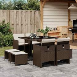 Ensemble &agrave; manger de jardin et coussins 9 pcs marron poly rotin