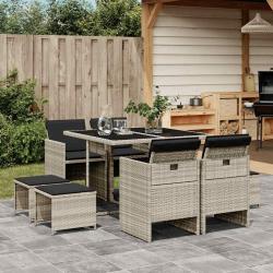 Ensemble &agrave; manger de jardin et coussins 9 pcs gris clair rotin