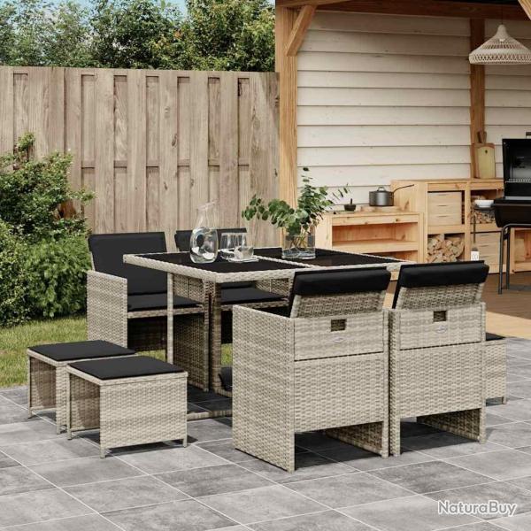 Ensemble � manger de jardin et coussins 9 pcs gris clair rotin