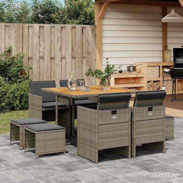 Ensemble � manger de jardin 9 pcs coussins gris r�sine tress�e