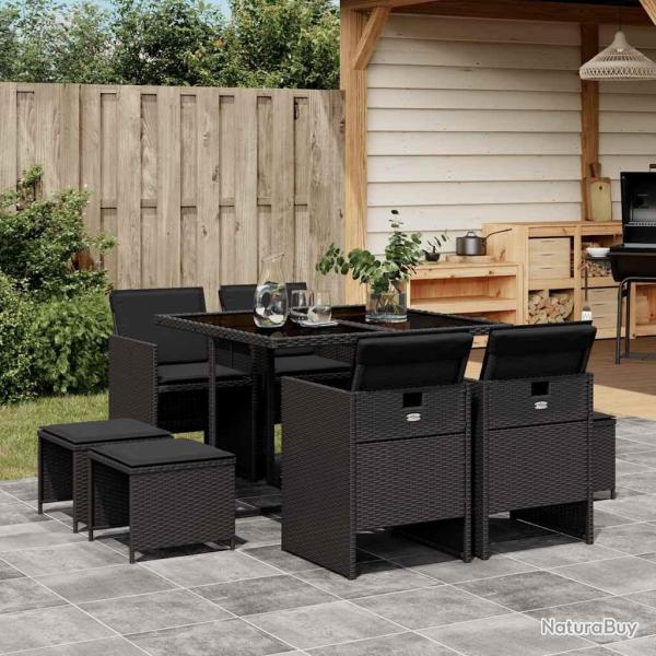 Ensemble � manger de jardin 9pcs coussins noir r�sine tress�e