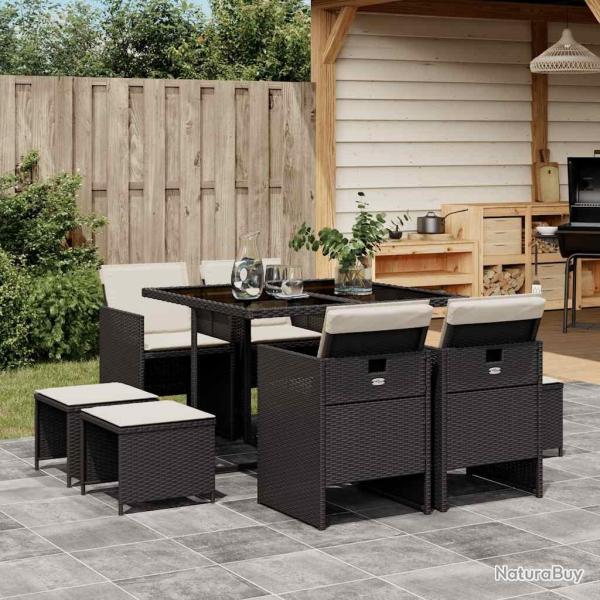 Ensemble � manger jardin 9pcs et coussins noir r�sine tress�e