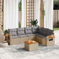 Salon de jardin avec coussins 7 pcs beige r&eacute;sine tress&eacute;e
