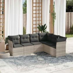 Salon de jardin 6 pcs avec coussins gris clair r&eacute;sine tress&eacute;e