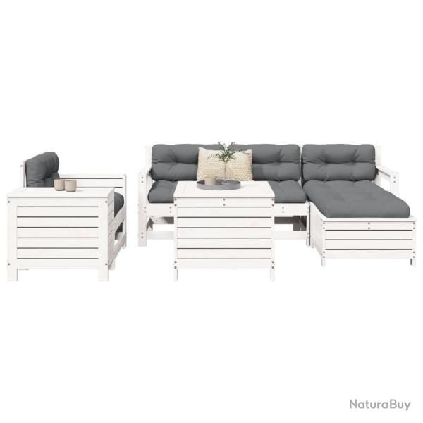 Salon de jardin 7 pcs blanc bois de pin massif