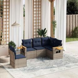 Salon de jardin 5 pcs avec coussins gris r&eacute;sine tress&eacute;e
