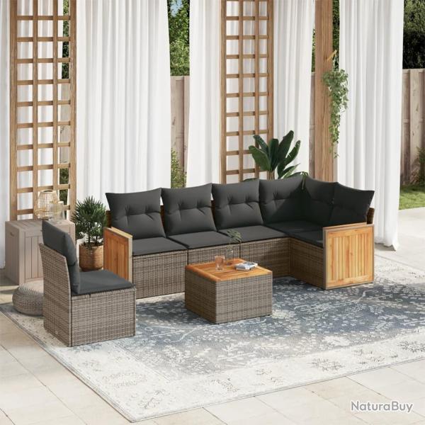 Salon de jardin avec coussins 7 pcs gris r�sine tress�e