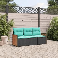Salon de jardin 3 pcs avec coussins noir r&eacute;sine tress&eacute;e