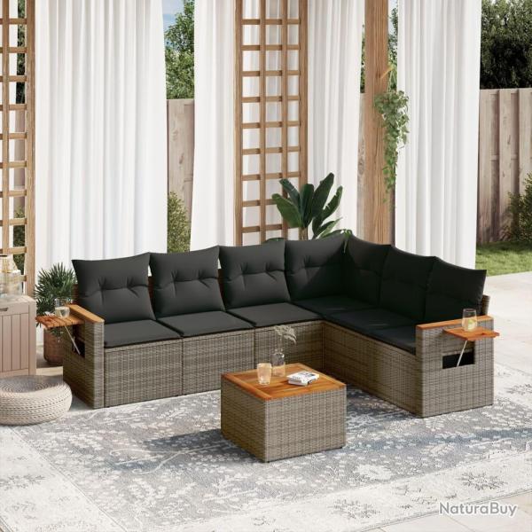 Salon de jardin avec coussins 7 pcs gris r�sine tress�e